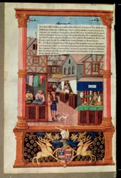 Ms 5062 fol.149v Uma rua com lojas e o brasão de Robert Stuart, marechal de dubigny Lucrece, de Livre de Gouvernement des Princes por Gilles de Rome