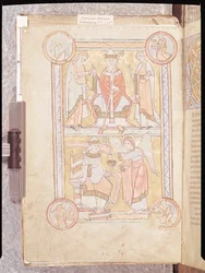 Ms 512 fol.4v São Gregório Magno (c.540-604) entre seu pai, Gordien, e sua mãe, Silvia e um homem afogado como um anjo, de Liber Pastoralis