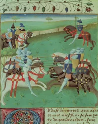 Ms 527 f.5v Ensinando Cavaleiros a Justa, de Roman du Saint Graal