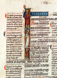 Ms 53 fol.29 Historiated inicial eu retratando Ruth com seu marido e filhos, do Livre de Ruth
