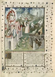 Ms 55 t.2 fol.3 A Cidade de Deus, a Cidade de Caen e a Cidade dos Vícios, de La Cité de Dieu por Santo Agostinho de Hipona (354-430) traduzido por Raoul de Preles (1316-82)