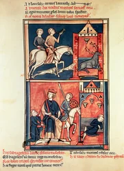 Sra. Pe 1098 Uma caçada e um rei, possivelmente Dagobert I (632-39) em seu trono, da Vida e Milagres de St. Denis