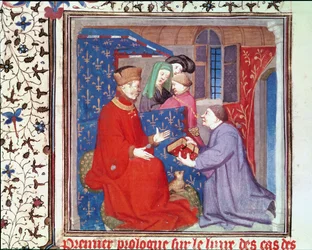 Fr. Pe. 131 f.1 João (1340-1416) Duque de Berry Recebendo um Manuscrito de Boccaccio, de O Caso dos Nobres Homens e Mulheres de Giovanni Bocaccio (1313-75)
