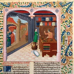 Pe. 218 fol.111 Um paciente em sua cama e um farmacêutico preparando remédio, de O Livro das Propriedades das Coisas, de Barthélemy lEnglish