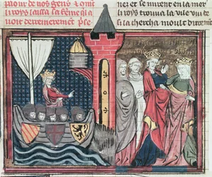Sra. Fr 22495 Fol.101 Baldwin I Atravessando o rio Jordão e renunciando sua esposa, de Le Roman de Godefroi de Bouillon, 1337