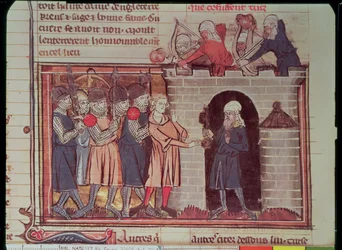 Sra. Fr 22495 f.32v 1ª Cruzada. Rendição de Tarso a Tancredo de Hauteville, 1097, de Le Roman de Godefroi de Bouillon