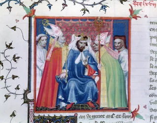Ms. Fr. 2608, fól. 335v: Coroação de Filipe III (1245-85), das Grandes Chroniques de France, cerca de 1400