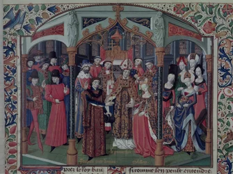 Pe. 2629 fol.167 Rainha Melisande de Jerusalém (1109-60) casando-se com Fulk V de Anjou (1092-1143), da Histoire de la conquete de Jerusalém por Guilherme de Tiro (c.1130-85) c.1470