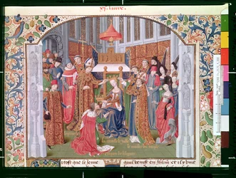 Fr. Pe 2629 fol.300 Condessa de Jaffa (c. 1136-88) coroando Guy de Lusignan (d.1194) da Histoire de la conquete de Jerusalém por Guilherme de Tiro (c.1130-85) c.1470