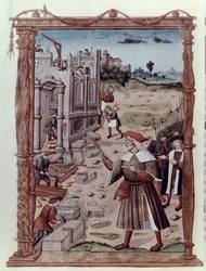 Fr. 2820 fol.115v Carlos Magno (742-814) Direção da Construção de Aachen, de Recueil Resumo das Crônicas Francesas de Guillaume Cretin (1460-1525)