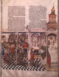 Sra. Fr 343 fol. 7 A busca pelo Santo Graal e Arthurs morte, cavaleiro fazendo o juramento