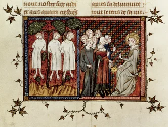 Sra. 5716 fol.246 St. Louis pronunciando o julgamento e condenando Enguerrand de Coucy (1228-1311) por enforcar três jovens nobres da Vida e Milagres de St. Louis, c.1330-40
