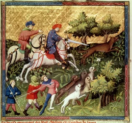 Fr. 616 fol.96v Wolf hunt, de um livro de Gaston Phebus de Foix (1331-1391)