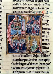 Fr. Pe 9081 fol.206 Historiated C inicial representando Conrad III (1137-52) Imperador da Alemanha e Luís VII (1120-80) Rei da França, sitiando Damasco em 1148, da Histoire de Jerusalem por Guilherme de