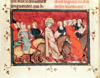 Sra. Fol.48 O rei ditou suas horas enquanto andava a cavalo, de Life and Miracles of St. Louis, c.1330-40