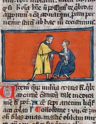 Ms H 89 Um médico colocando pomada em uma ferida de pacientes, de uma edição do Livro de Cirurgia de Rogier de Salerne