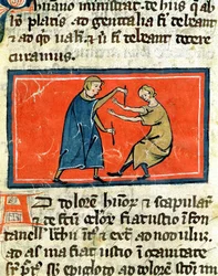 Ms H 89 Doutor cauterizando uma ferida com fogo, de uma edição do Livro de Cirurgia de Rogier de Salerne