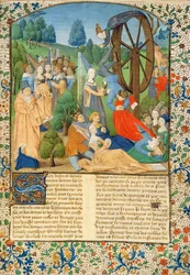 Ms Hunter 371 f.1r A Dama Fortuna e as vítimas que caem da sua roda, de "A Queda dos Príncipes" de Boccaccio