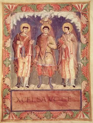 Ms. Lat. 1141, fól. 2v: A coroação de Carlos II (823-877) com os arcebispos de Reims e Tréveris, do Sacramentário de Metz