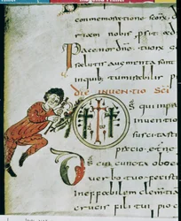 Ms Lat 1248 fol.76v Historiated inicial O, do Sacramentário de Gellone