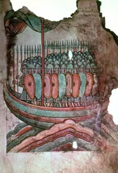 Ms Lat 1390 fol.7 Soldados normandos que atravessam o canal inglês, de La Vie de Saint Aubin dAngers