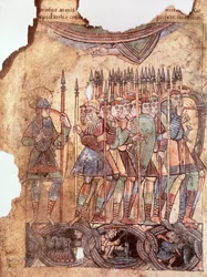 Ms Lat 1390 fol.7v Soldados de infantaria nas Cruzadas, de La Vie de Saint Aubin dAngers