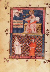 Senhora Lat 14023 fol.1v Deus criando medicina e dando conhecimento aos doutores, do Cânon de Medicina por Avicena (Ibn Sina) (980-1037) traduzido por Gerard de Cremone (1114087) c.1320