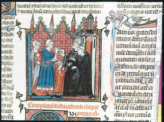 Ms Lat 3893 Fol.98 Pais oferecendo um bispo dinheiro para levar seu filho para a abadia, 1314