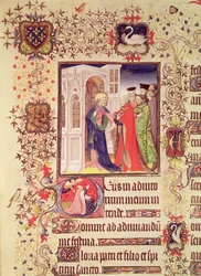 Sra. Lat 919 fol.96 Jean de France, Duc de Berry sendo conduzido por São Pedro para as Portas do Céu com uma historiated inicial `D de São Pedro e Jean de Berry em oração, dos Grandes Heures de Duc de