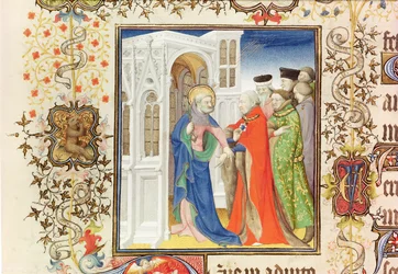 Sra. Lat 919 fol.96 São Pedro Liderando Jean de France (1340-1416) Duque de Berry para o Paraíso, das Grandes Heures de Duc de Berry, 1409 (ver também 159985 e 30908)