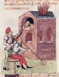 MS 993 L.9.28 sopradores de vidro f.138r, a partir do Tratado de ervas por Dioscoride