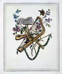 Instrumentos musicais, de um livro de placas gravadas de desenhos Oppenords, publicado 1745rn