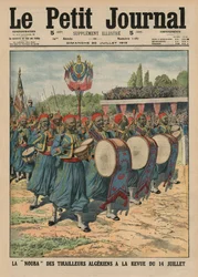 Seção musical dos soldados de infantaria argelinos desfilando na resenha do dia 14 de julho, ilustração da capa do &39;Le Petit Journal&39;, suplemento ilustrativo, 20 de julho de 1913