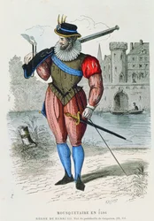 Mosqueteiro em 1586, ilustração de trajes de Paris a les les siècles por H. Gourdon de Genouillac, gravada por A. Renard (gravura a cor)