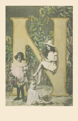 N: Uma menina segurando um violino, outra carregando flores, um bebê sentado