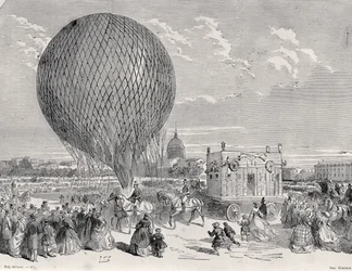 Nadars balão, o gigante sendo preparado no Champ de Mars, Paris para seu primeiro voo em 4 de outubro de 1863, ilustração de Paris para Travers Les Siecles: Volume 5, 1889