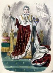Napoleão I em traje de coroação - em «História de França em gravuras», finais do século 19