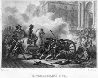 Napoleão esmagando a rebelião realista - Napoleão Bonaparte (a cavalo) comandando tropas revolucionárias na luta de rua em 13 Vendemiaire (5 de outubro) - 13 Vendemiaire 1795 (insurreição realista de 5 de outubro de 1795): Bonaparte reafirmou a ordem por s