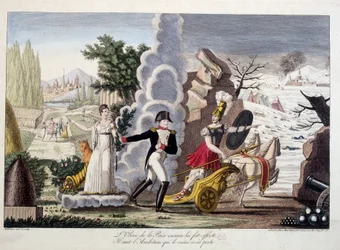Napoleão I Entre a Guerra e a Paz, cerca de 1815 - Napoleão entre a guerra e a paz - A azeitona da paz em vão foi-lhe oferecida, ele segue a ambição que o levou à sua perda - em "Napoleão 1er", uma colecção fictícia de desenhos animados