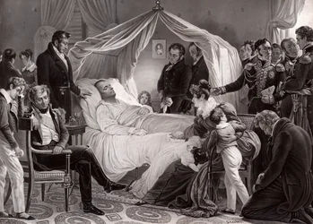 Napoleão I em seu leito de morte em Santa Helena, 5 de maio de 1821, após uma pintura de Charles de Steuben