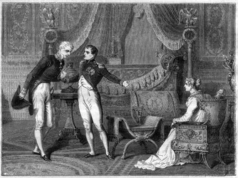 Napoleão, sua esposa Marie-Louise e o príncipe Metternich falando