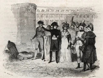Napoleão caminhando com Madame Tallien, nee theresa Cabarrus, Princesa de Caraman, Princesa de Caraman Chimay (1773 - 1835) lugar Vendome em Paris - gravura em "Les rues de Paris". Paris antiga e moderna: origens, história, monumentos, costumes, moral, chr