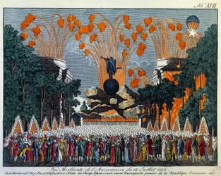 Festa nacional de 14 de julho de 1801 nos Campos Elísios, Paris: o fogo de artifício ocupa o lugar da estrela nos Campos Elísios em Paris. Gravura de 1801, Paris, Musée Carnavalet