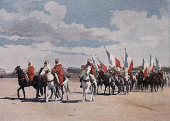 Spahis nativo vai a uma fantasia em grande pompa, coloca banners - no "Álbum Militar" - Spahis