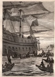 Os nativos tinham os ramos de bananeiras na mão: A viagem de Samuel Wallis (1728-1795) à Polinésia - povos indígenas segurando os ramos da bananeira como uma saudação de boas-vindas - ilustração tirada de "Os Grandes Marinheiros do século XVIII".