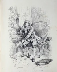 Necker no seu escritório em Saint-Ouen, rodeado de notas "Reforma de Gabelles", "Impostos", "Abolição das Alfândegas", etc.