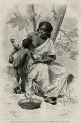 Negillon fumando e levando o peito de sua mãe, na região de Darien (leste do Panamá), gravando após um desenho de D.Maillart, para ilustrar a história Exploration at the isthms of Panama and Darien, de A. Reclus, tenente de navio, de 1876 a 1878
