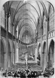 Arquitectura neogótica: vista interior da igreja de Sainte Clotilde (1846-1857), em Paris, durante a sua inauguração a 30 de Novembro de 1857. Gravura de Bertrand no "Le Monde Illustré" n°34 de 5 de Dezembro de 1857.