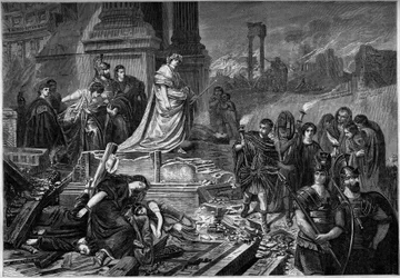 Neron após o incêndio em Roma, em 64. Gravura após o quadro de Karl Theodor von Piloty (1826-1886). Em "Le Monde Illustré" n°283 de 13 de Setembro de 1862.