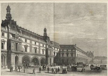 Novos Edifícios das Tuilerias na Place du Carrousel (gravura) - Le nouveau Louvre - facade du cote de la place du Carrousel et salle des États gravura de 1869